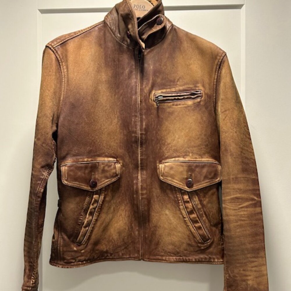 Polo by Ralph Lauren Distressed Brown Leather Bomber Jacket